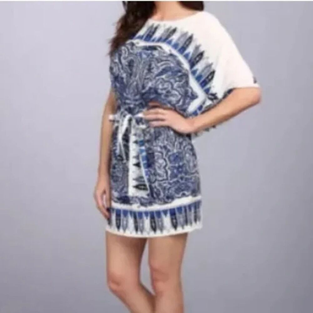 BCBGMaxAzria One Shoulder Silk Leia Dress Blue & White Size Small